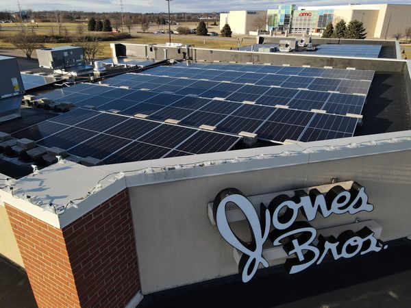 commercial rooftop solar installation at Jones Brothers Jewelers in Peoria, IL
